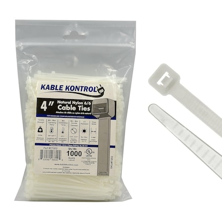 Kable Kontrol Cable Tie, 4 in L, 1 in Max Bundle Dia., Natural, Nylon 6/6, 18 lb Strength, 1000 PK CT202